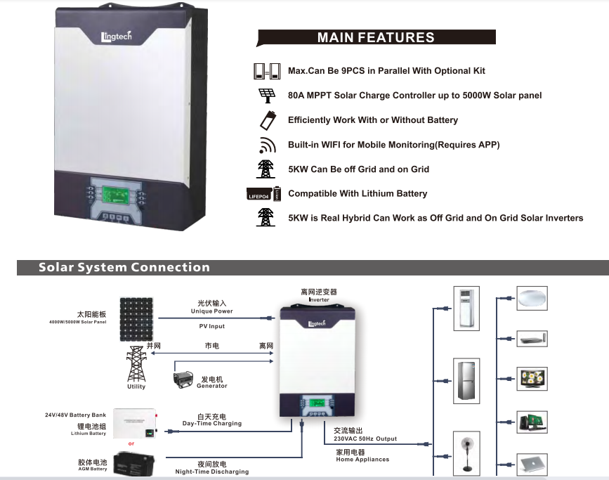 Lingtech techical parameter for hybrid inverter 3kw and 5kw
